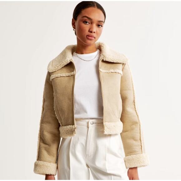 Abercrombie & Fitch Jackets & Blazers - Abercrombie & Fitch Vegan Faux Suede Cropped Bomber Jacket - Beige Cream, XL